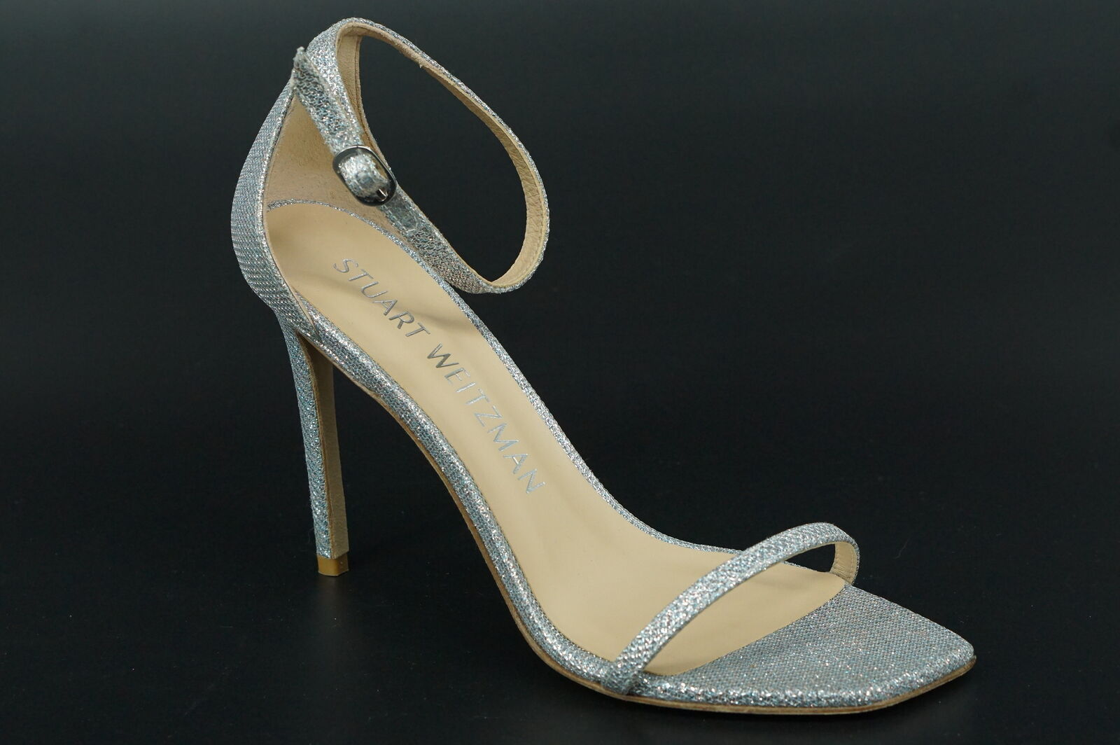 Stuart Weitzman Nudistcurve 100 Silver Glitter Ankle Strappy Sandals Sz 10 $495